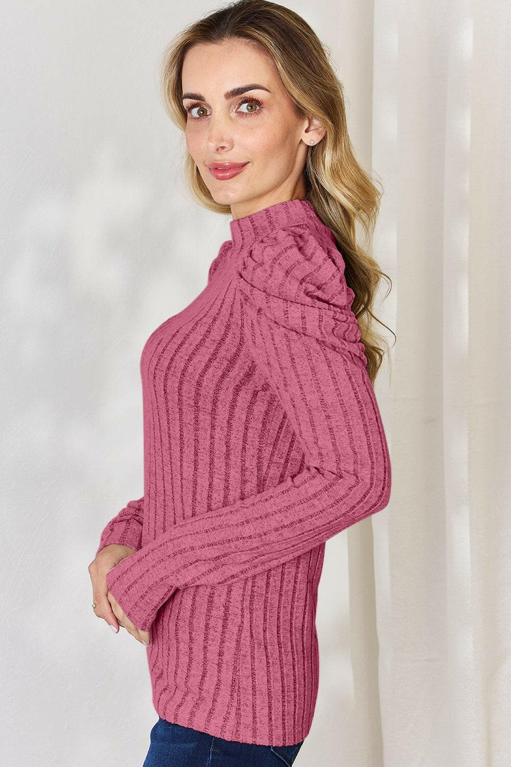 Ribbed Elegance Mock Neck Top with Puff SleevesDiscover Effortless Elegance
 Embrace sophistication with our Ribbed Elegance Mock Neck Top with Puff Sleeves. This top is designed to elevate your everyday wardrobeLove Salve Ribbed Elegance Mock Neck TopTIKTOK