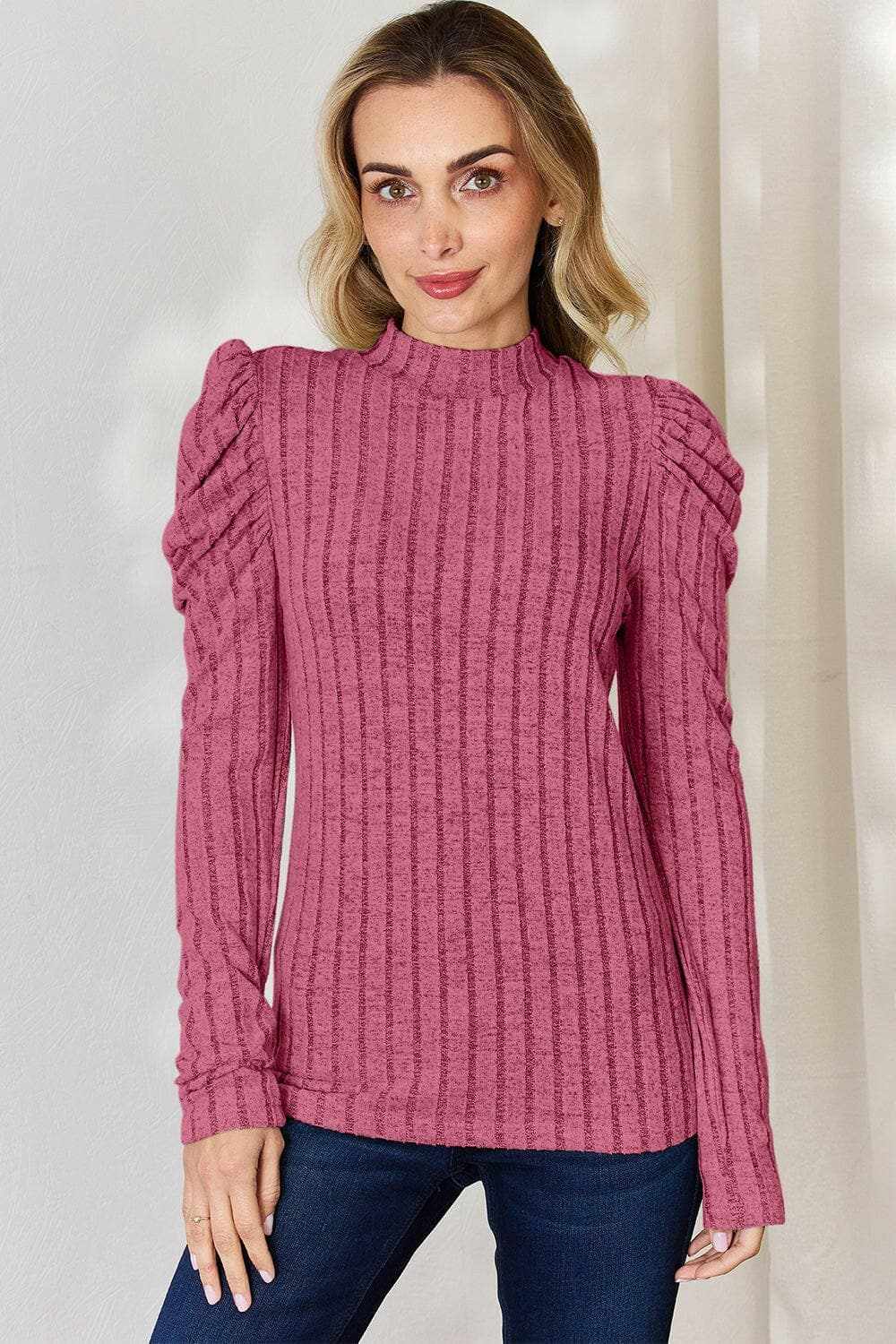 Ribbed mock neck top with puff sleeves - Love Salve 
