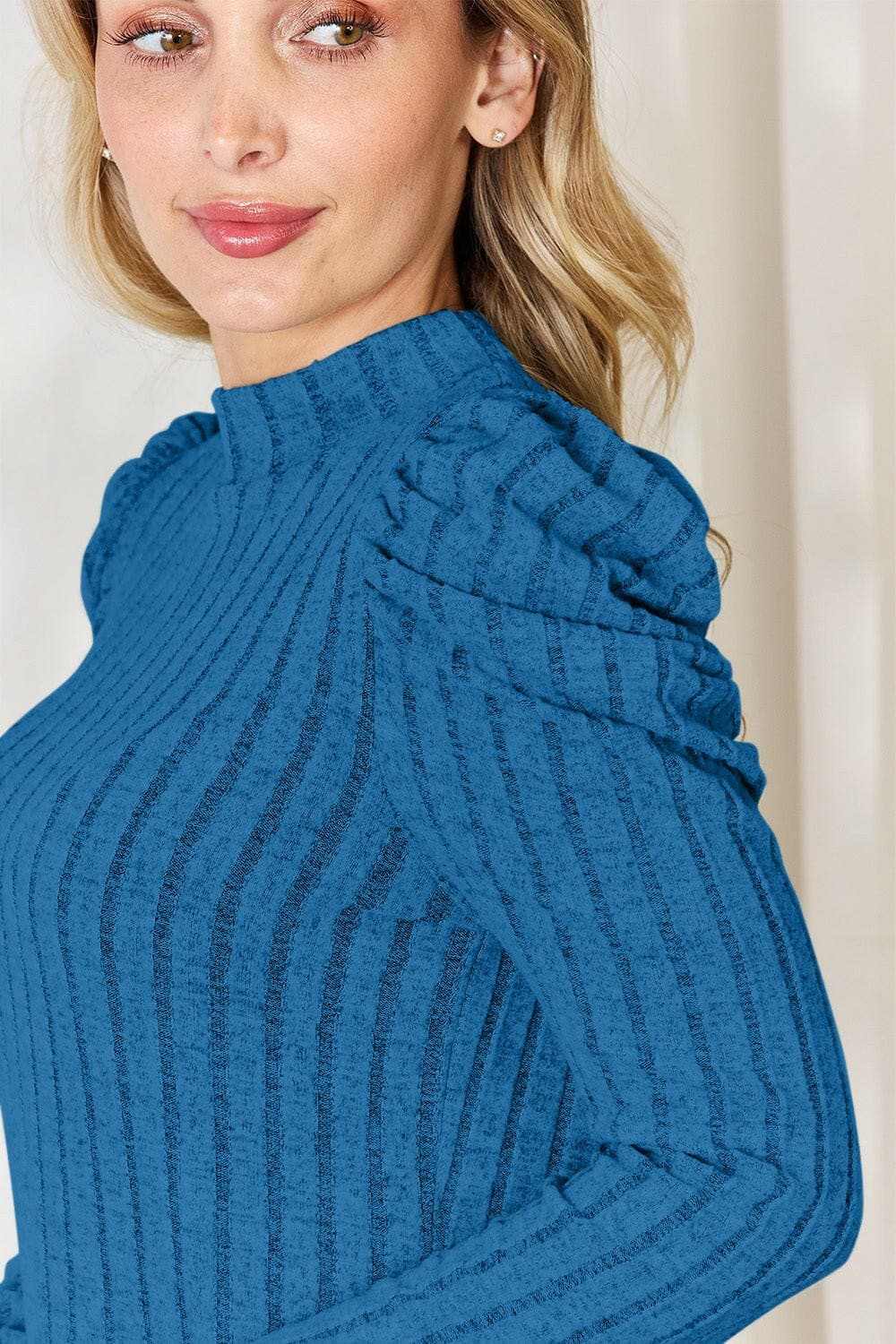 Ribbed mock neck top with puff sleeves - Love Salve 