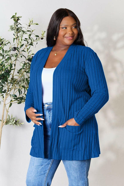 Basic Bae Full Size Ribbed Open Front Cardigan with Pockets - Love Salve