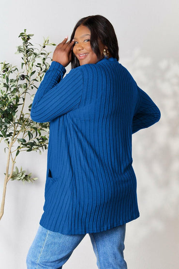 Basic Bae Full Size Ribbed Open Front Cardigan with Pockets - Love Salve