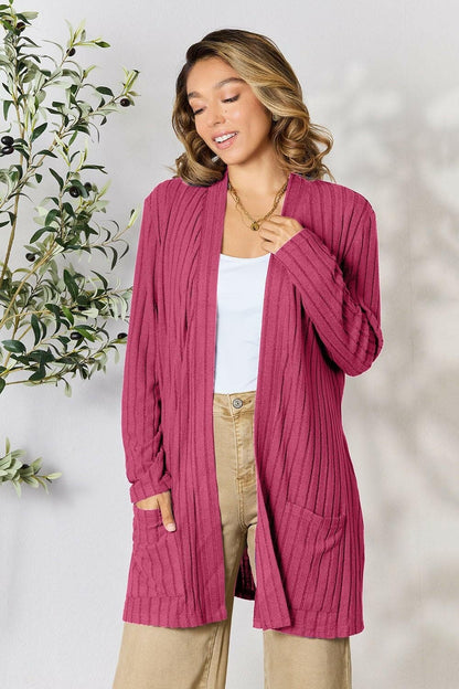 Basic Bae Full Size Ribbed Open Front Cardigan with Pockets - Love Salve