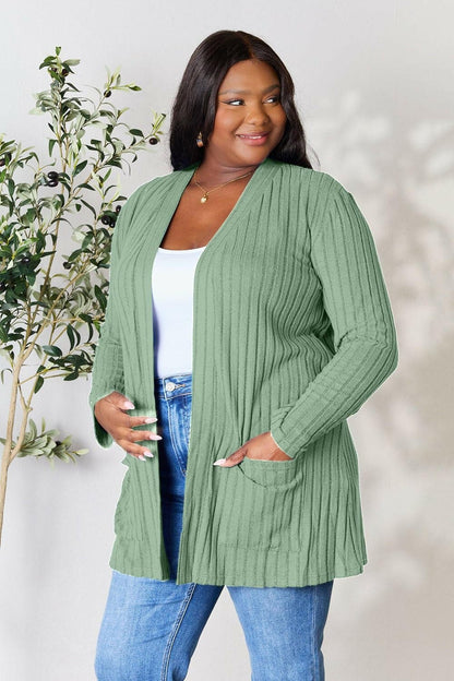 Basic Bae Full Size Ribbed Open Front Cardigan with Pockets - Love Salve