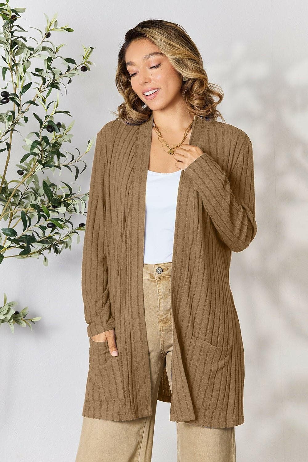 Basic Bae Full Size Ribbed Open Front Cardigan with Pockets - Love Salve