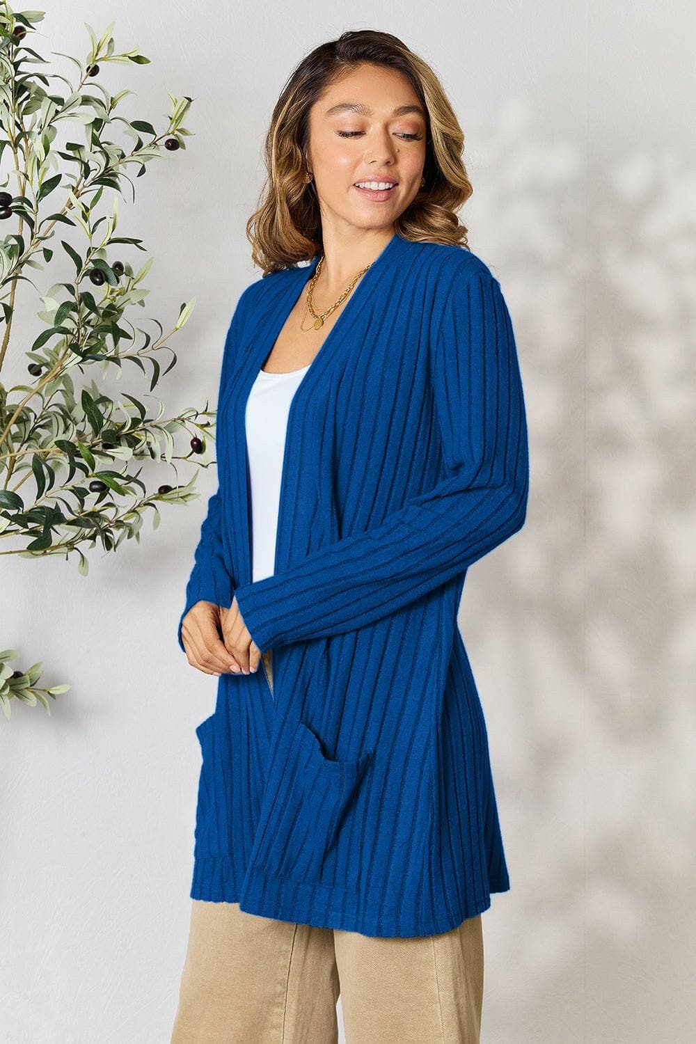 Basic Bae Full Size Ribbed Open Front Cardigan with Pockets - Love Salve