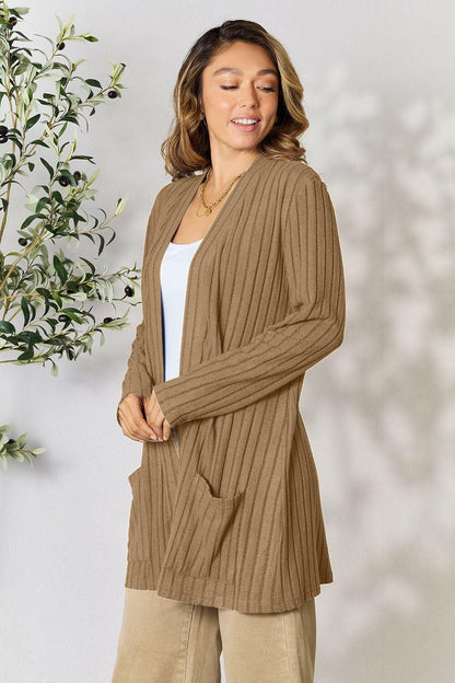 Basic Bae Full Size Ribbed Open Front Cardigan with Pockets - Love Salve