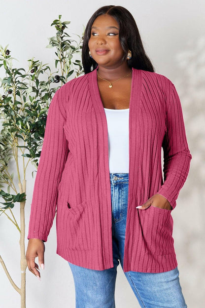 Basic Bae Full Size Ribbed Open Front Cardigan with Pockets - Love Salve