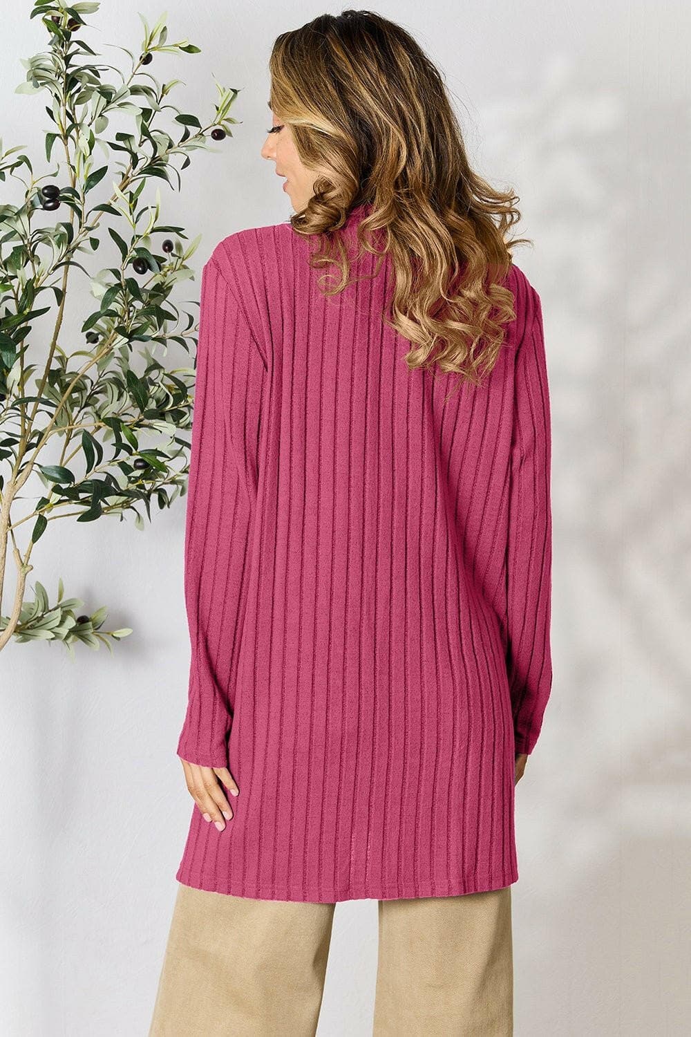 Basic Bae Full Size Ribbed Open Front Cardigan with Pockets - Love Salve