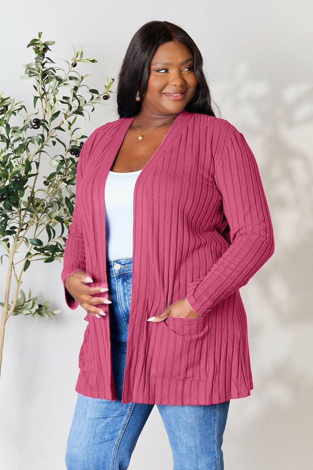 Basic Bae Full Size Ribbed Open Front Cardigan with Pockets - Love Salve