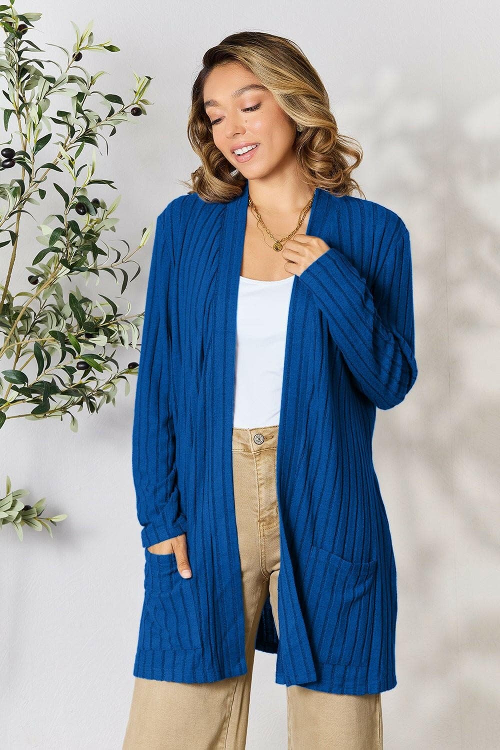 Basic Bae Full Size Ribbed Open Front Cardigan with Pockets - Love Salve