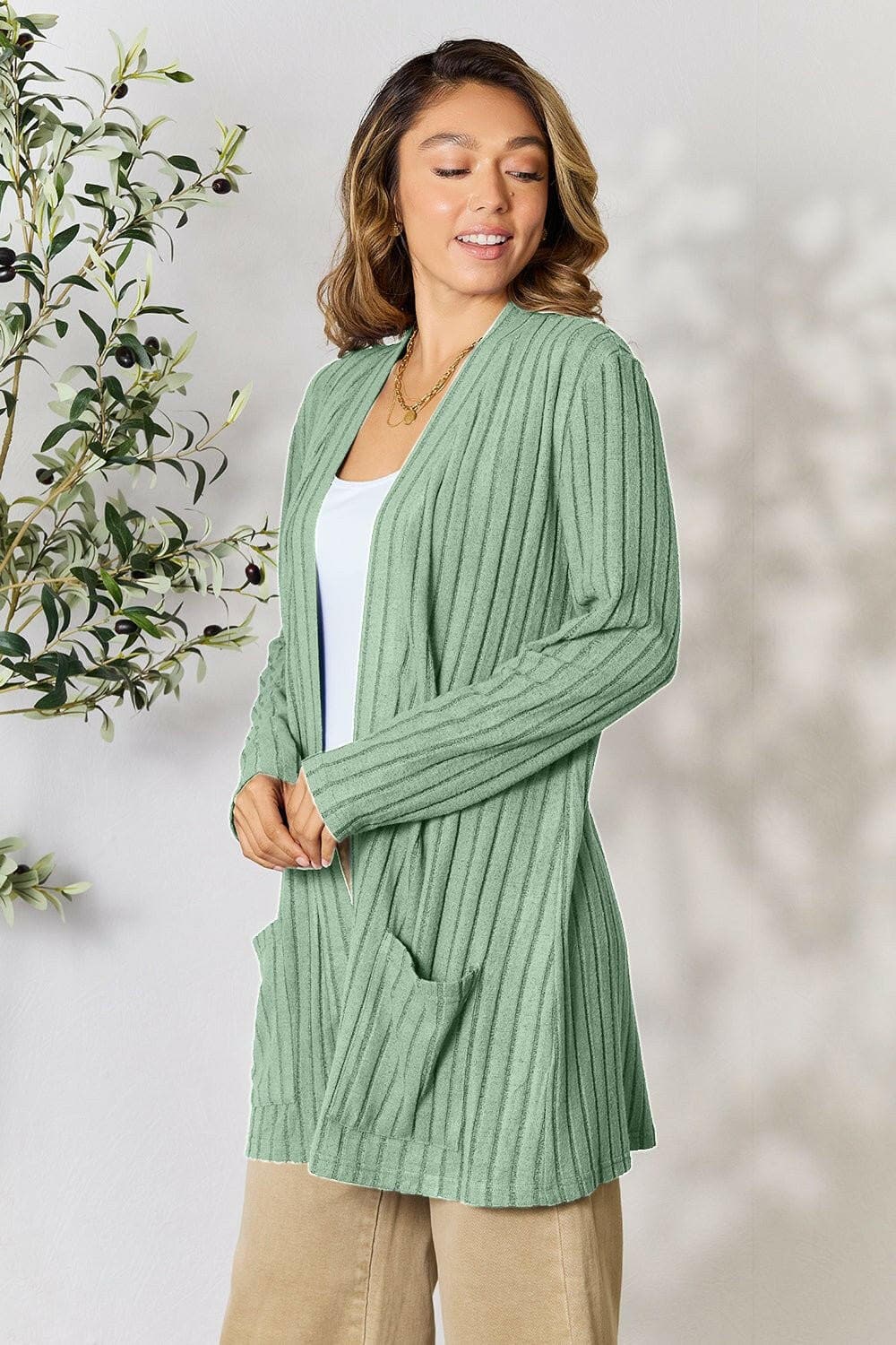 Basic Bae Full Size Ribbed Open Front Cardigan with Pockets - Love Salve