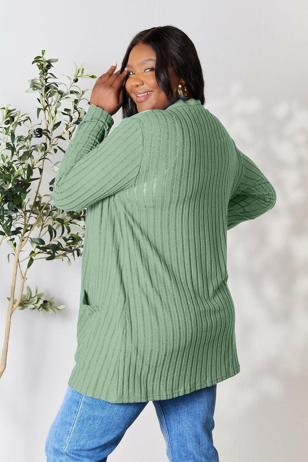 Basic Bae Full Size Ribbed Open Front Cardigan with Pockets - Love Salve