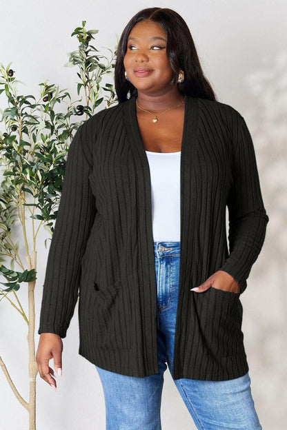 Basic Bae Full Size Ribbed Open Front Cardigan with Pockets - Love Salve