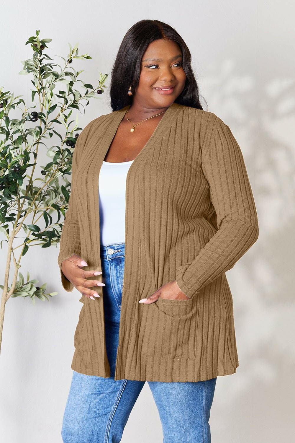 Basic Bae Full Size Ribbed Open Front Cardigan with Pockets - Love Salve