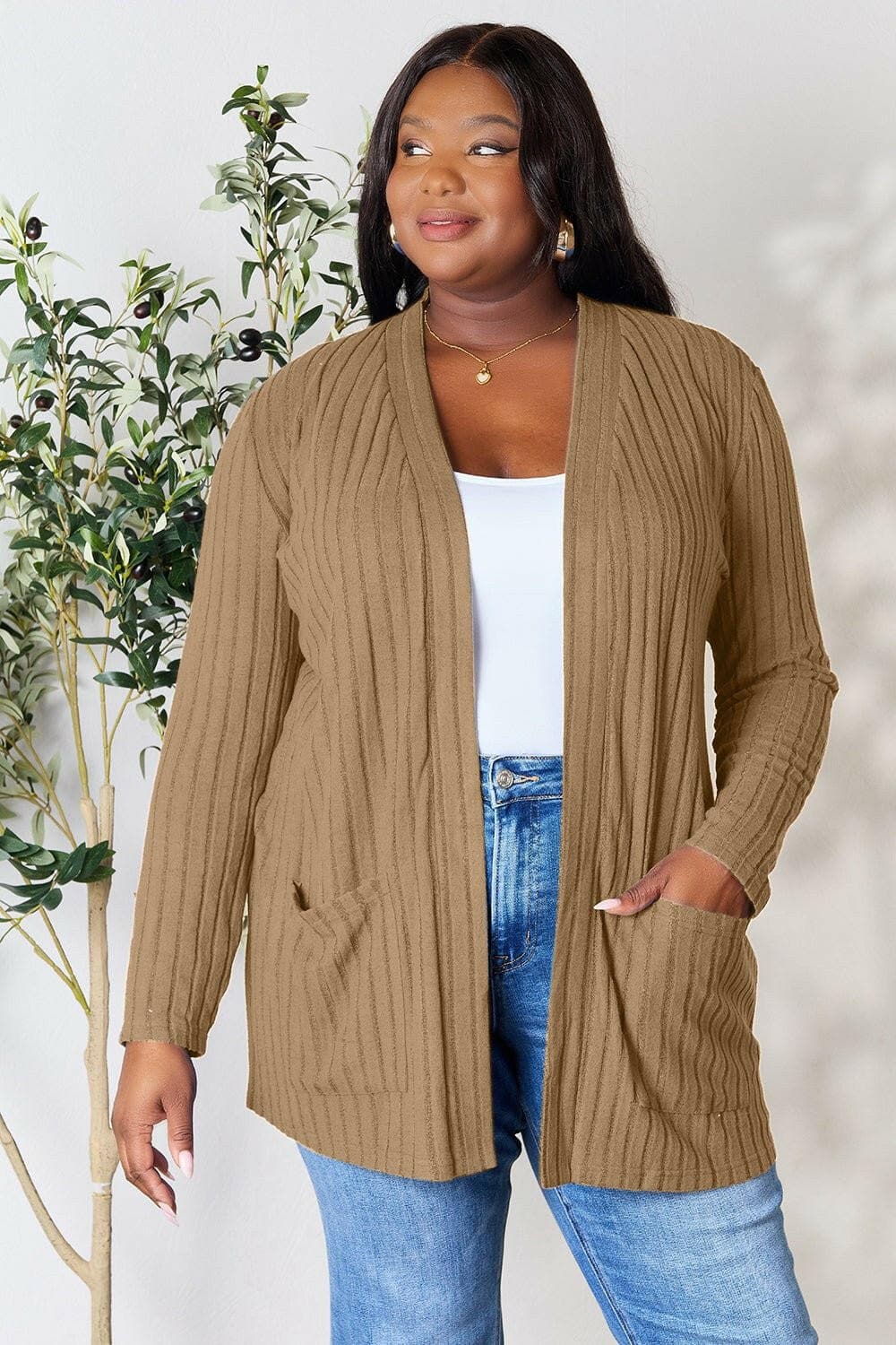 Basic Bae Full Size Ribbed Open Front Cardigan with Pockets - Love Salve