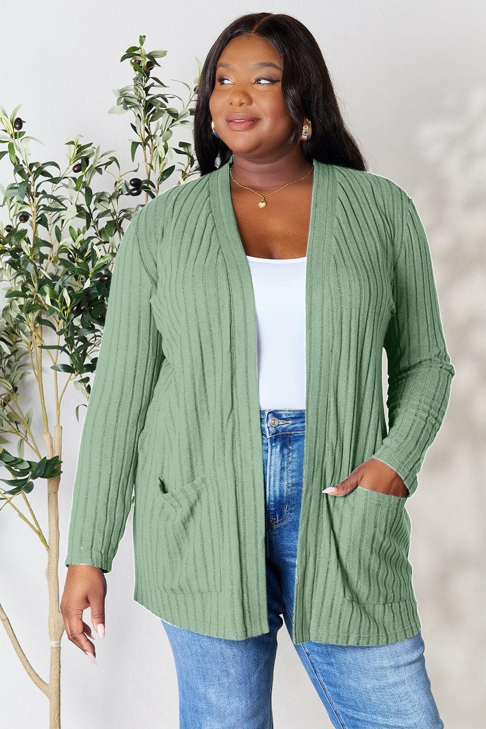 Basic Bae Full Size Ribbed Open Front Cardigan with Pockets - Love Salve