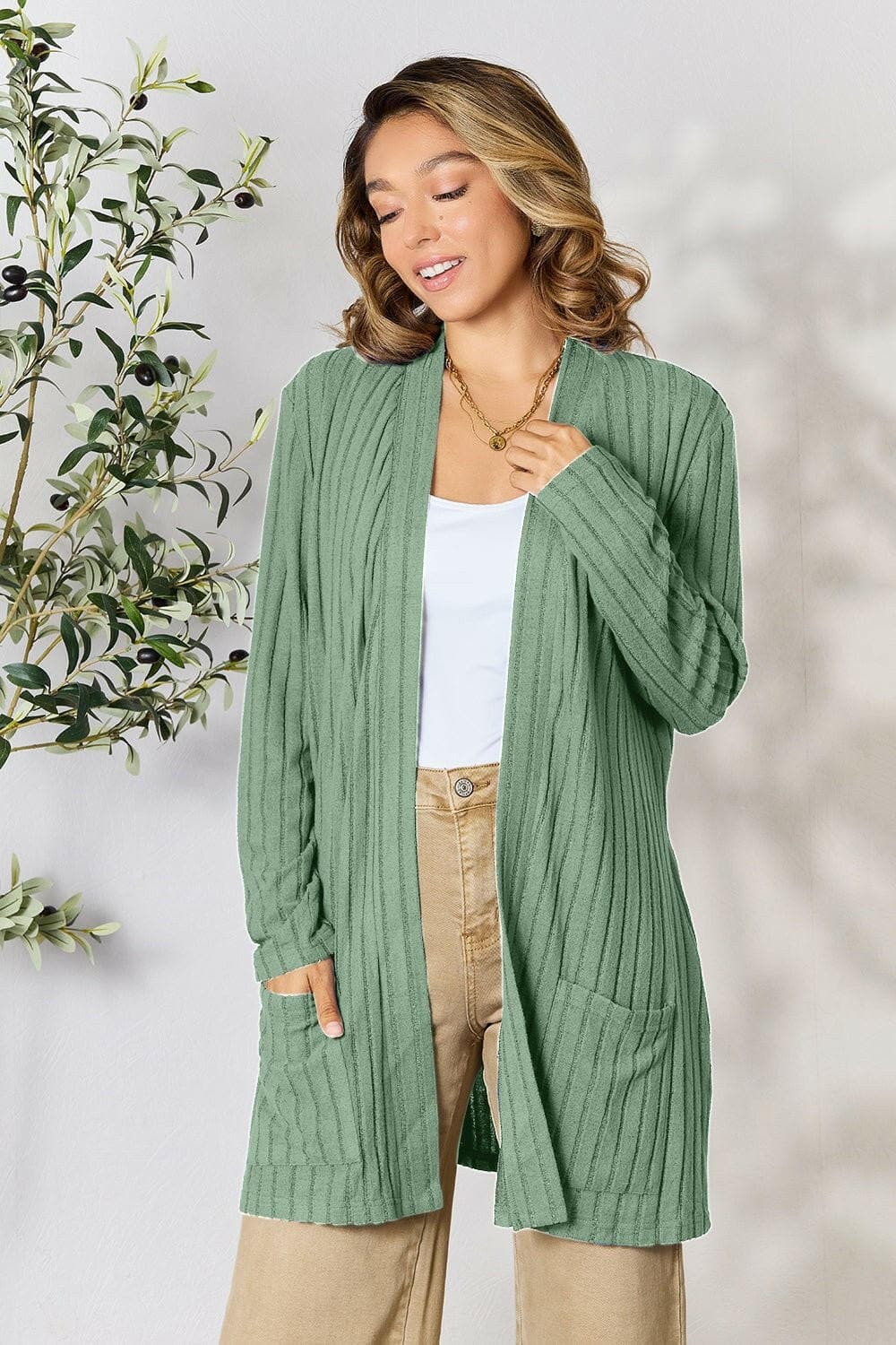 Basic Bae Full Size Ribbed Open Front Cardigan with Pockets - Love Salve