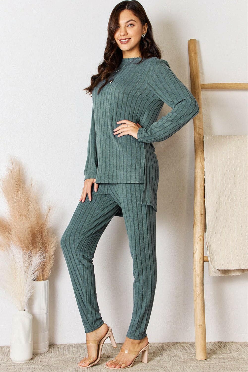 Basic Bae Full Size Ribbed Round Neck High-Low Slit Top and Pants Set - Love Salve