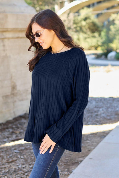 Basic Bae Full Size Ribbed Round Neck Long Sleeve Knit Top - Love Salve