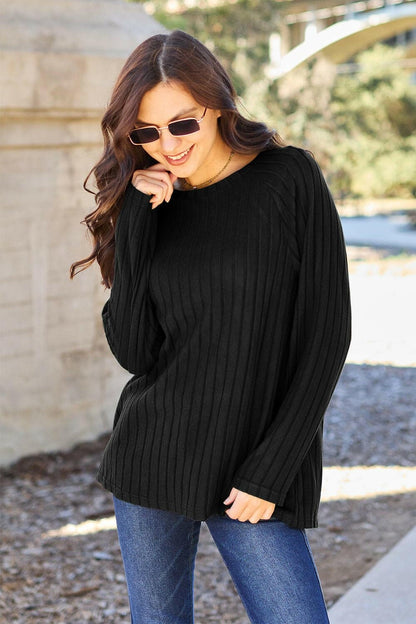 Basic Bae Full Size Ribbed Round Neck Long Sleeve Knit Top - Love Salve