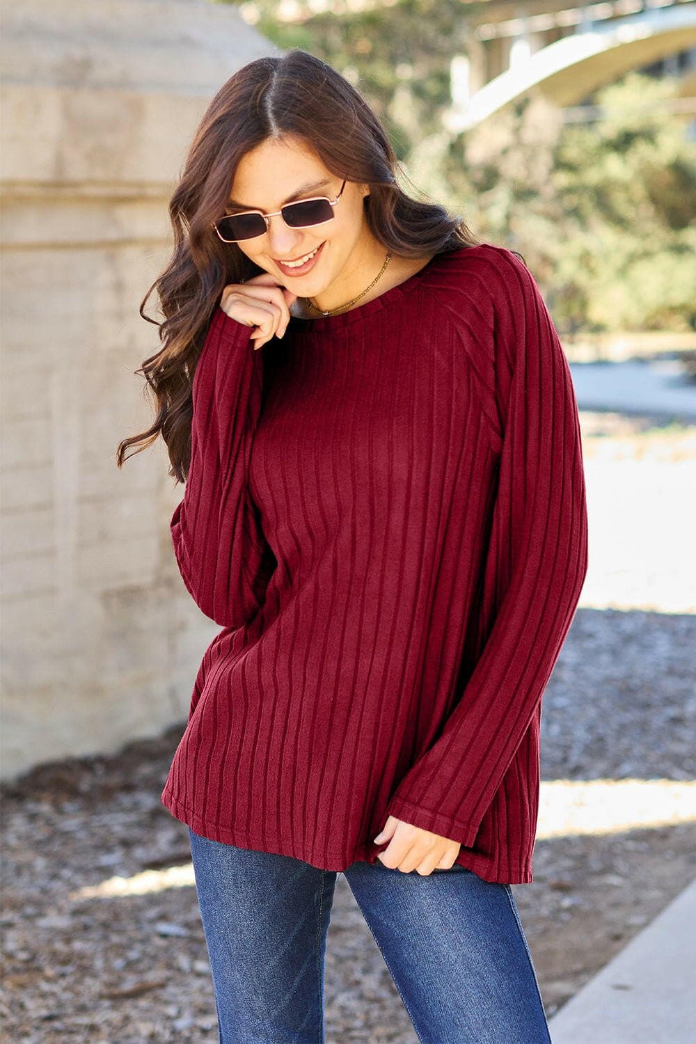 Basic Bae Full Size Ribbed Round Neck Long Sleeve Knit Top - Love Salve