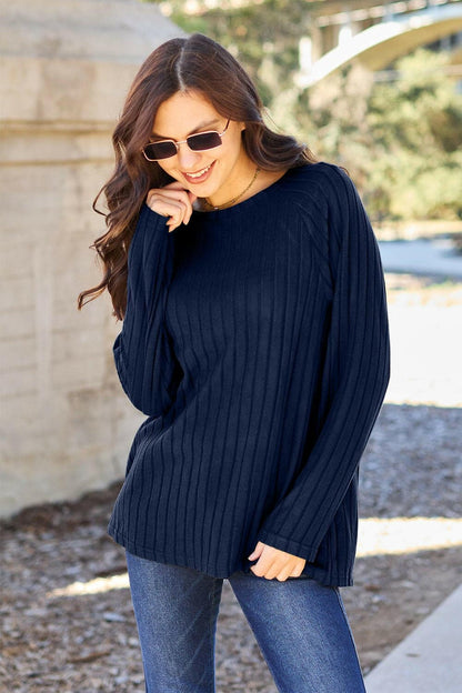 Basic Bae Full Size Ribbed Round Neck Long Sleeve Knit Top - Love Salve