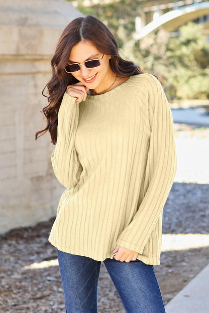 Basic Bae Full Size Ribbed Round Neck Long Sleeve Knit Top - Love Salve