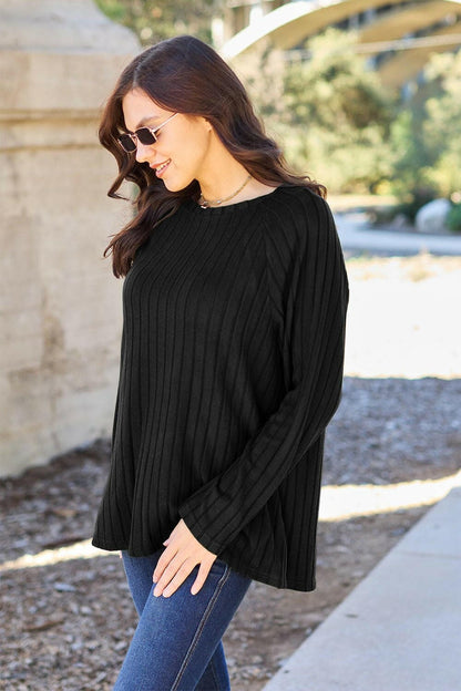 Basic Bae Full Size Ribbed Round Neck Long Sleeve Knit Top - Love Salve