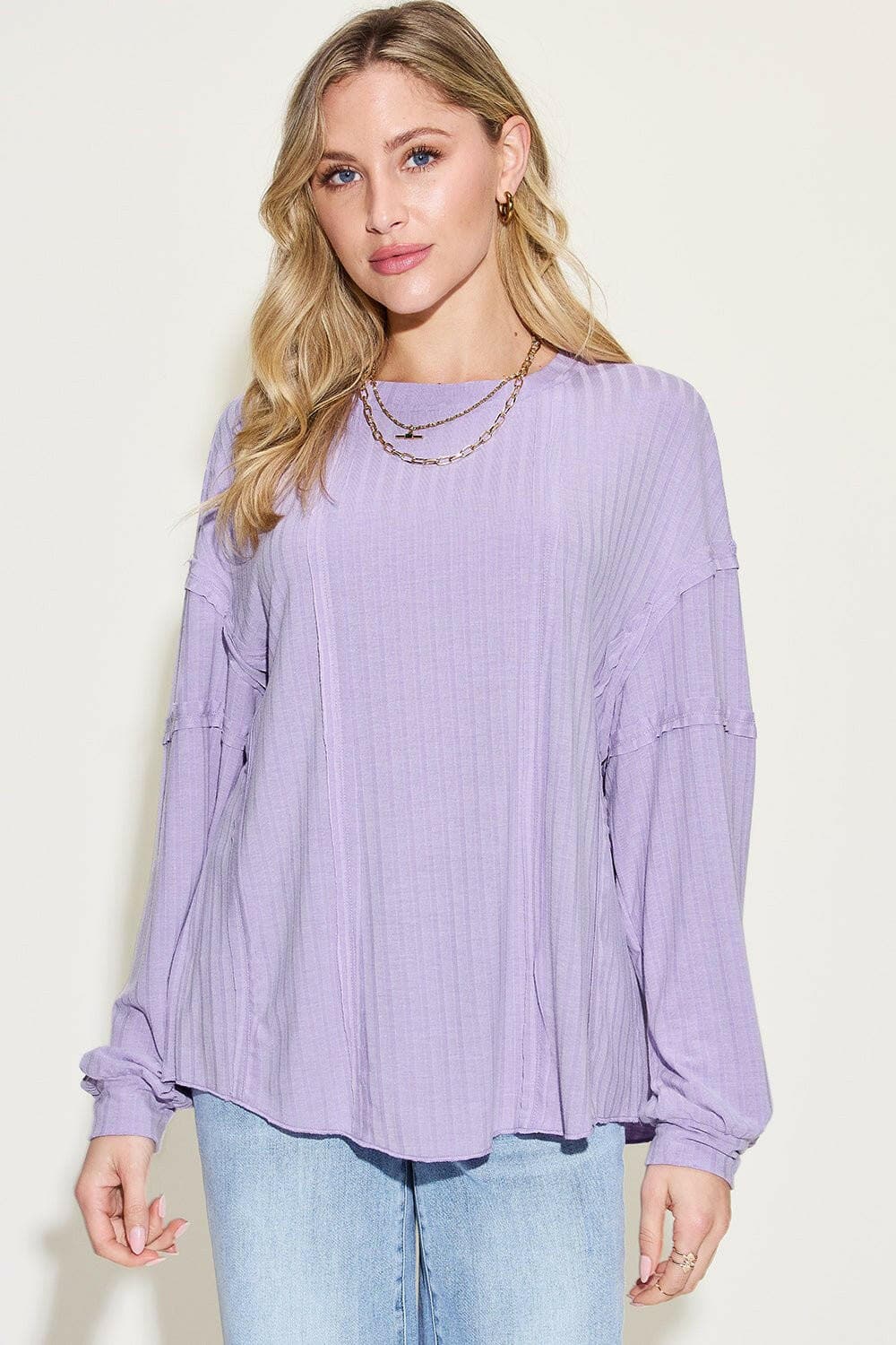 Basic Bae Full Size Ribbed Round Neck Long Sleeve T-Shirt - Love Salve