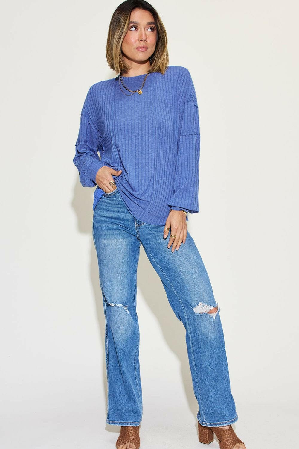 Basic Bae Full Size Ribbed Round Neck Long Sleeve T-Shirt - Love Salve