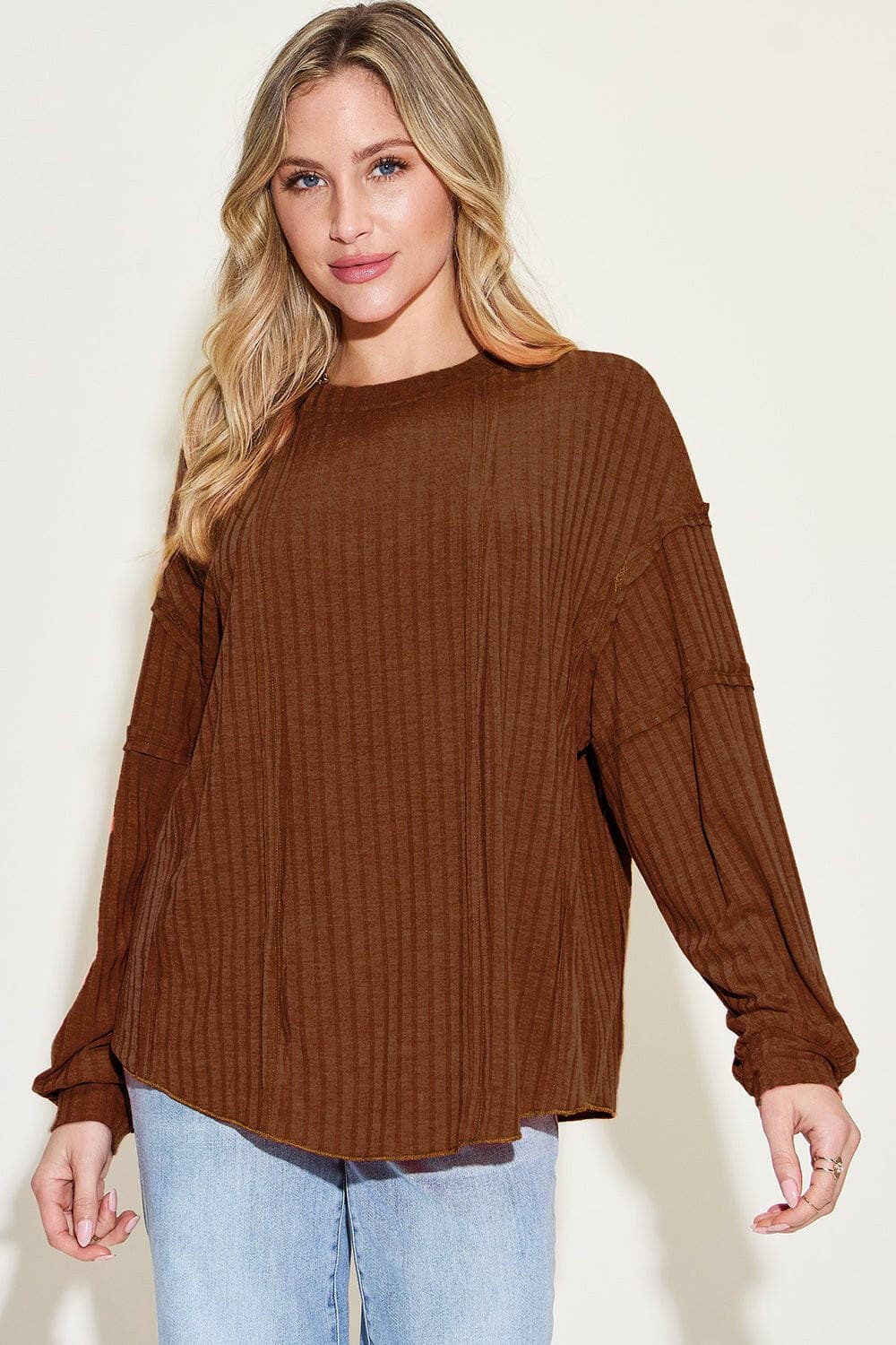 Basic Bae Full Size Ribbed Round Neck Long Sleeve T-Shirt - Love Salve