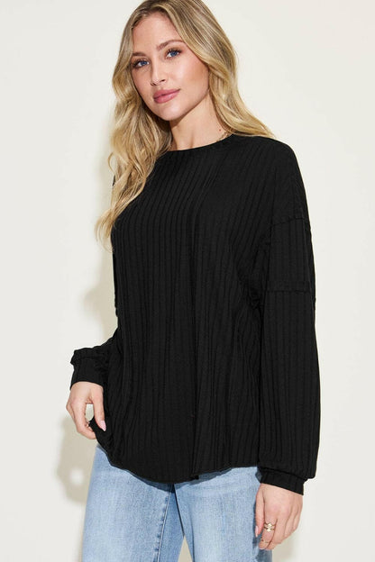 Basic Bae Full Size Ribbed Round Neck Long Sleeve T-Shirt - Love Salve