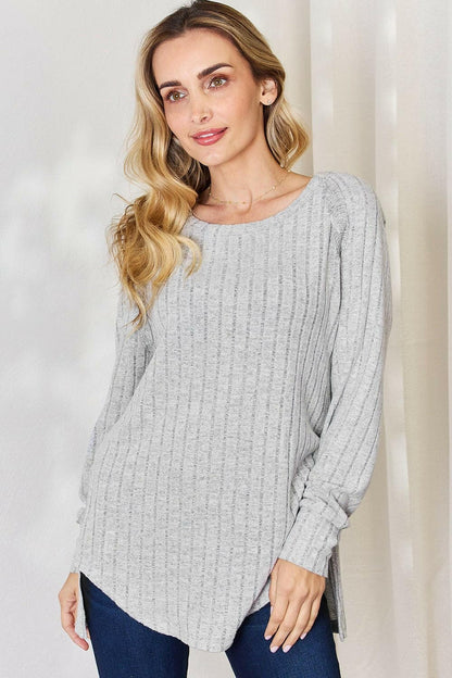 Chic ribbed round neck slit tee in light gray, featuring a comfortable fit and versatile design for any occasion.