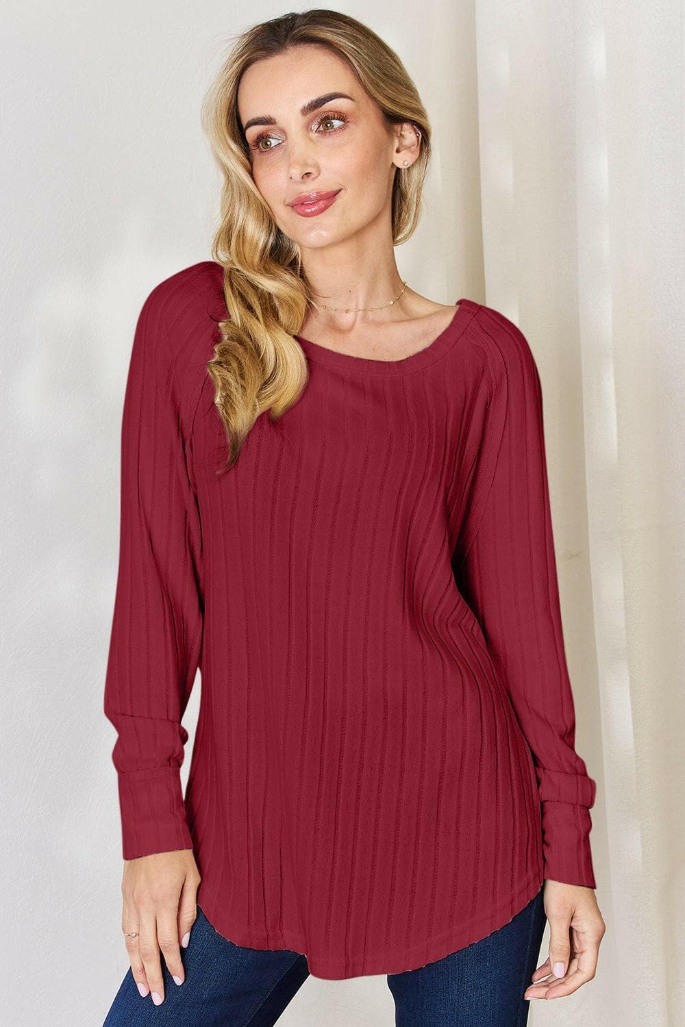 Basic Bae Full Size Ribbed Round Neck Slit T-Shirt - Love Salve