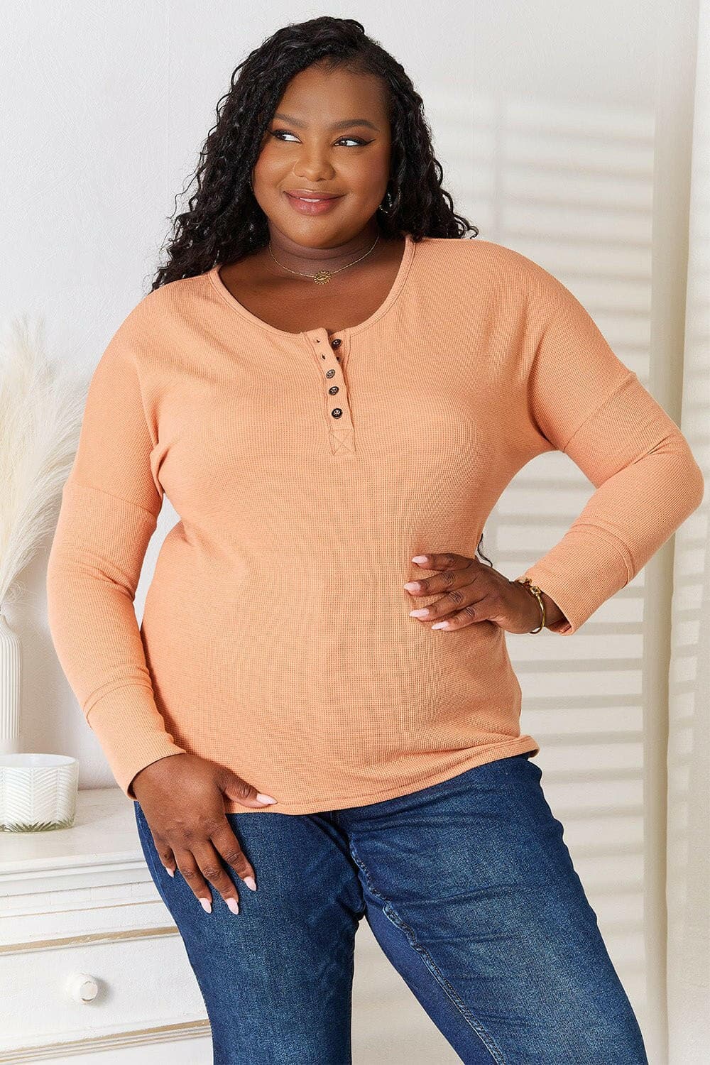 Basic Bae Half Button Long Sleeve Top - Love Salve