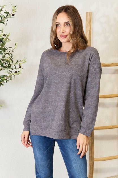 Basic Bae Round Neck Drop Shoulder Slit Sweatshirt - Love Salve