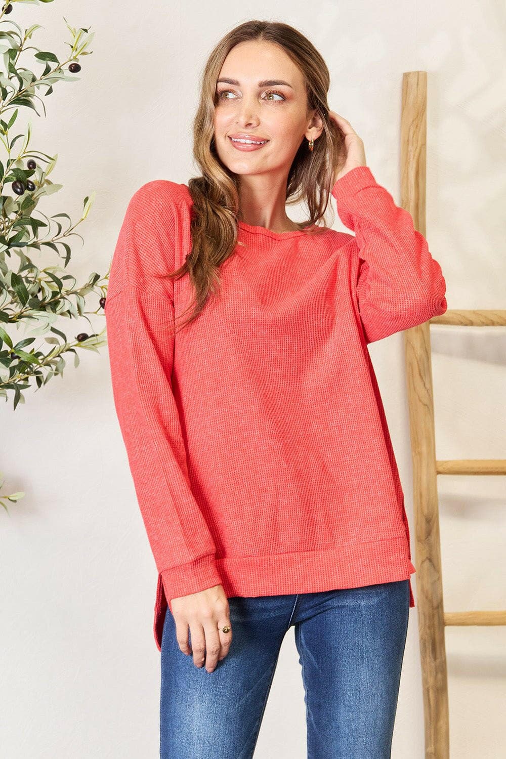 Basic Bae Round Neck Drop Shoulder Slit Sweatshirt - Love Salve