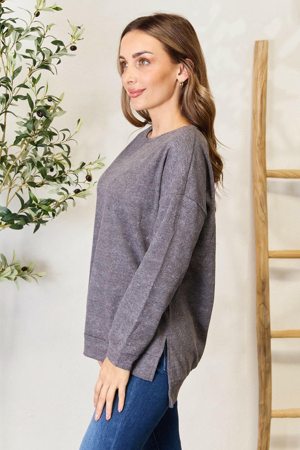 Basic Bae Round Neck Drop Shoulder Slit Sweatshirt - Love Salve