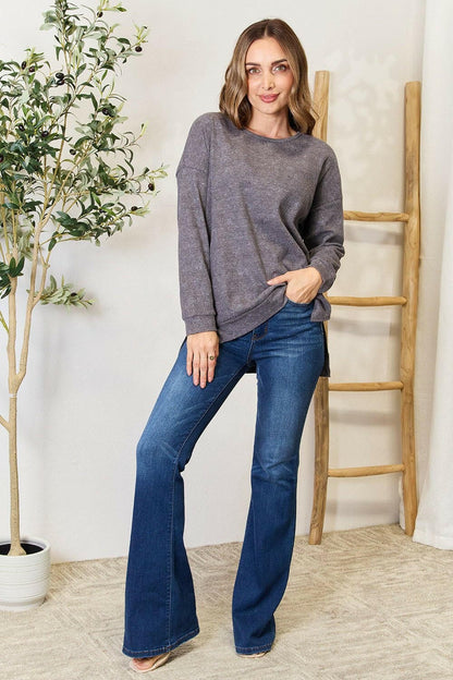 Basic Bae Round Neck Drop Shoulder Slit Sweatshirt - Love Salve