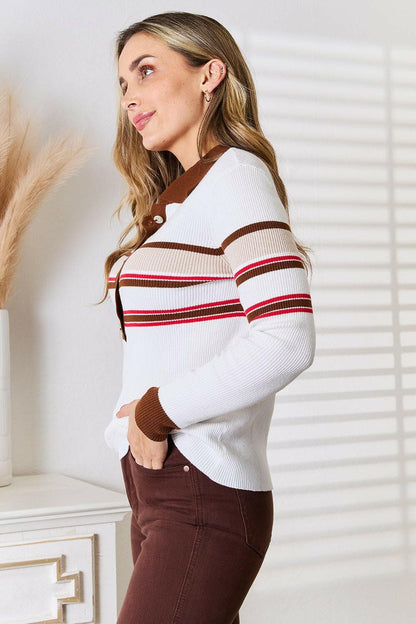 Basic Bae Striped Collared Neck Rib-Knit Top - Love Salve