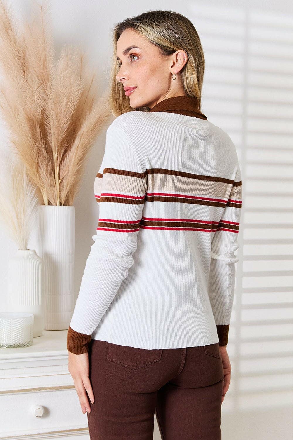 Basic Bae Striped Collared Neck Rib-Knit Top - Love Salve