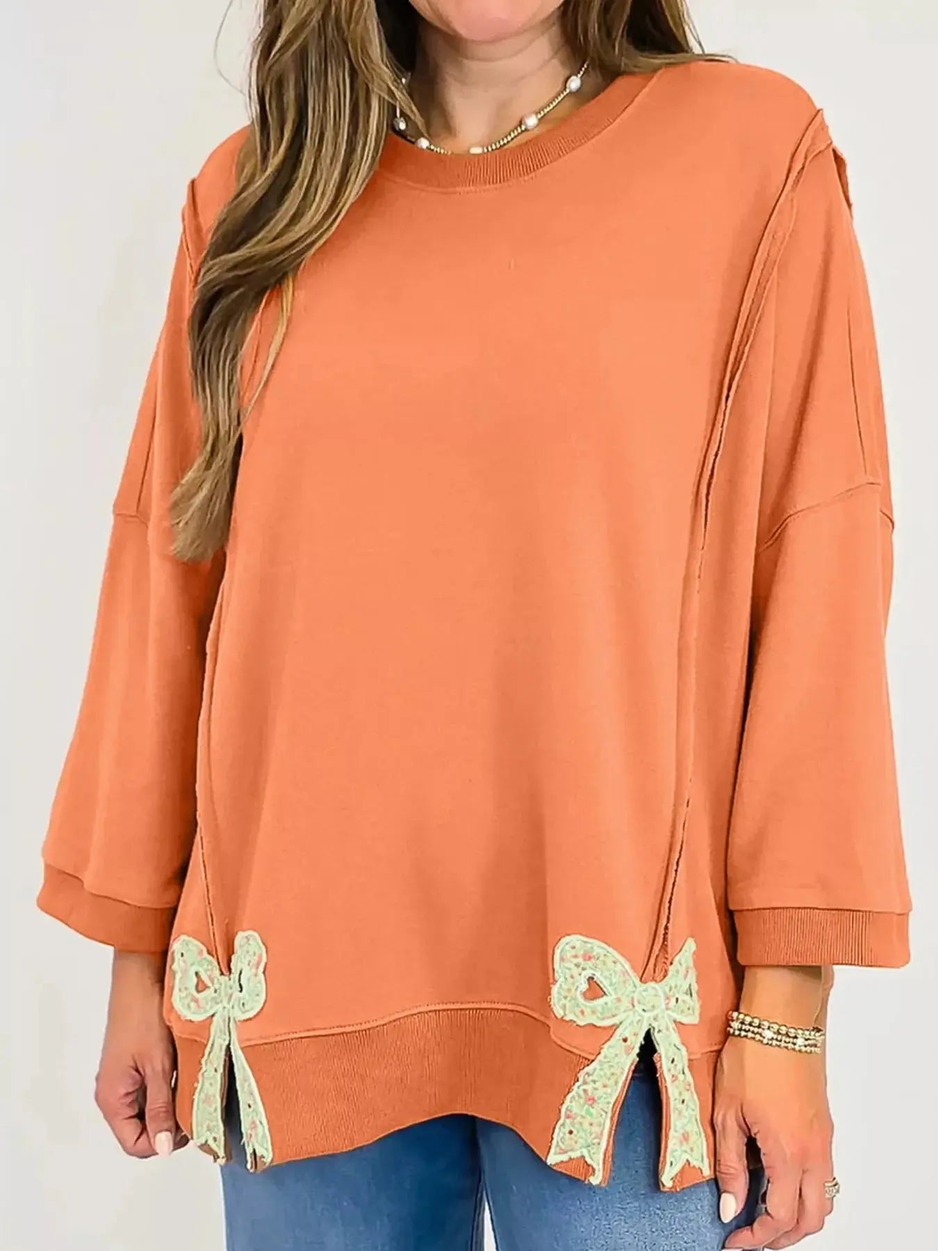 Bow Slit Round Neck Sweatshirt Simply Love