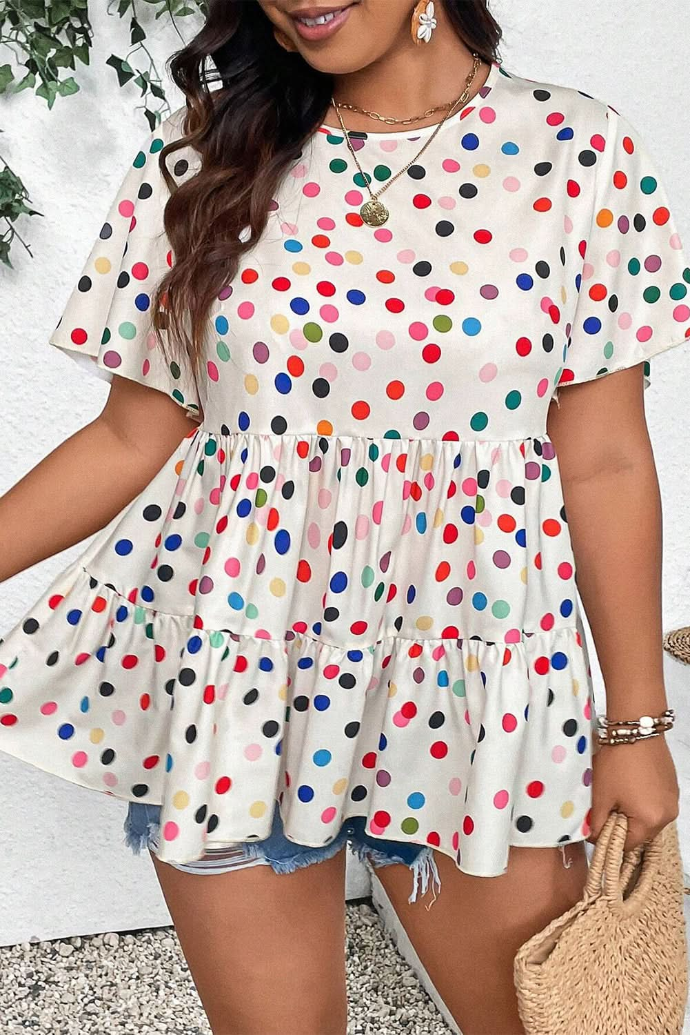 Beige Plus Size Babydoll Blouse with Colorful Polka Dot Print and Ruffled Short Sleeves