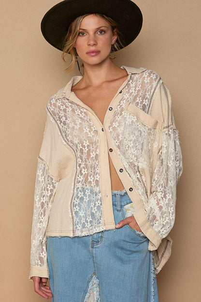 POL Oversize Lace Button-Down Shirt.