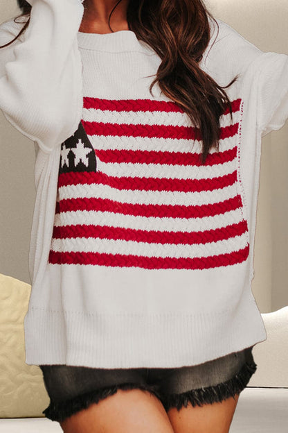 US Flag Round Neck Long Sleeve Knit Top.