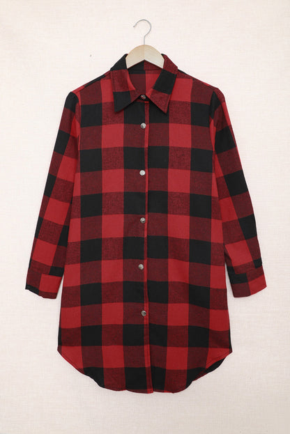 Chic plaid shirt coat with elegant turn-down collar in fiery red