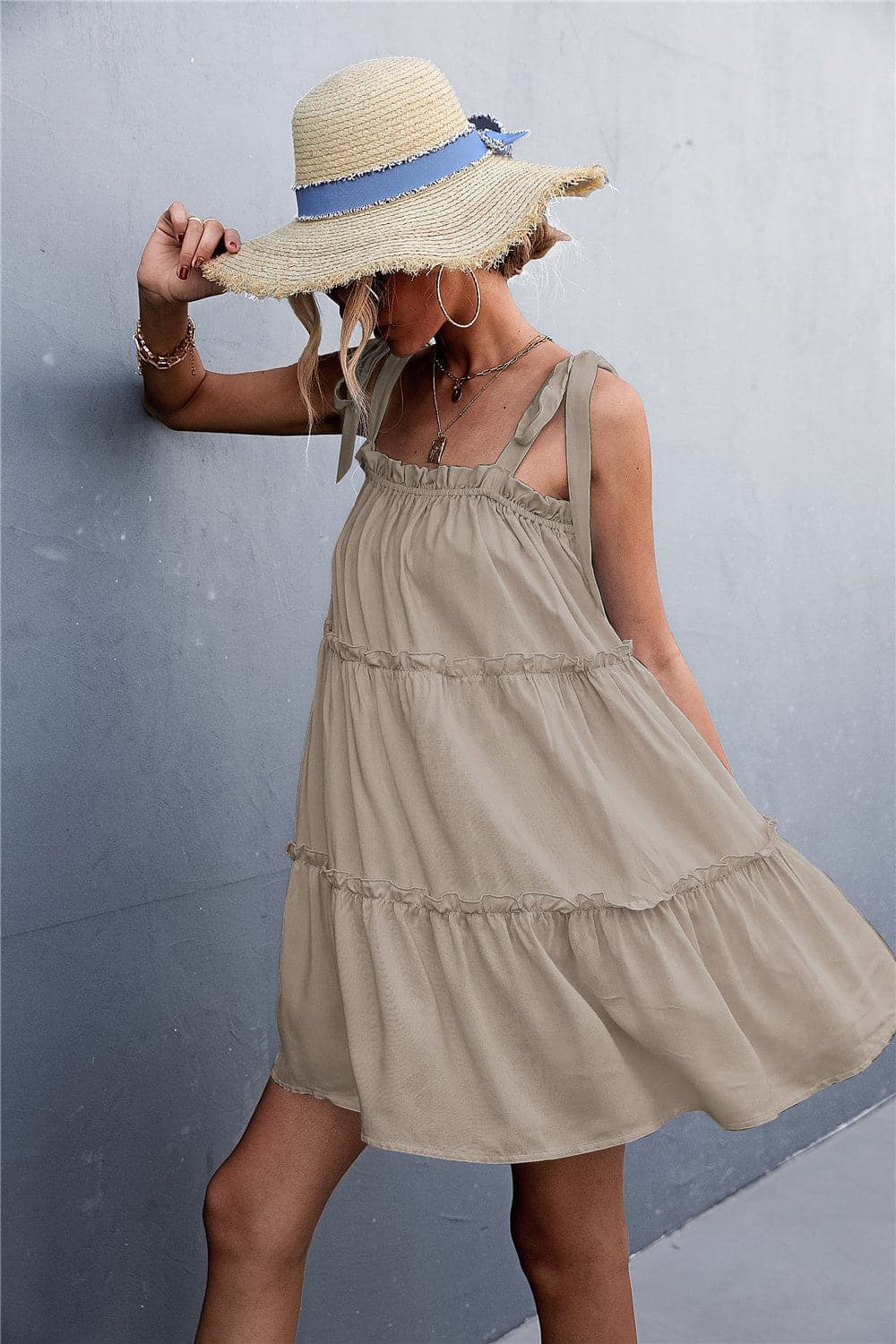 Frill Tiered Tie Shoulder Mini Cami Dress.