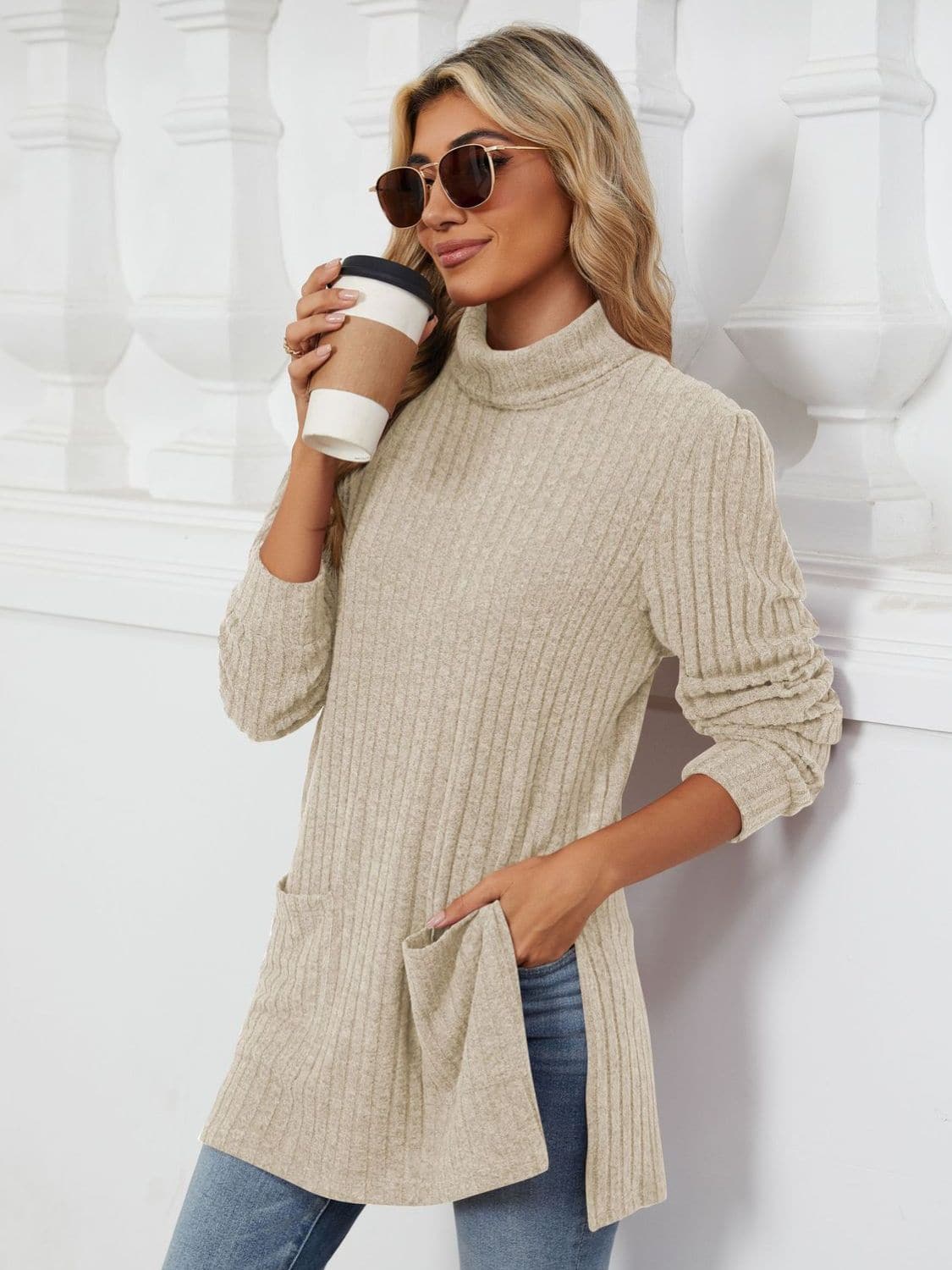 Slit Mock Neck Long Sleeve T-Shirt.