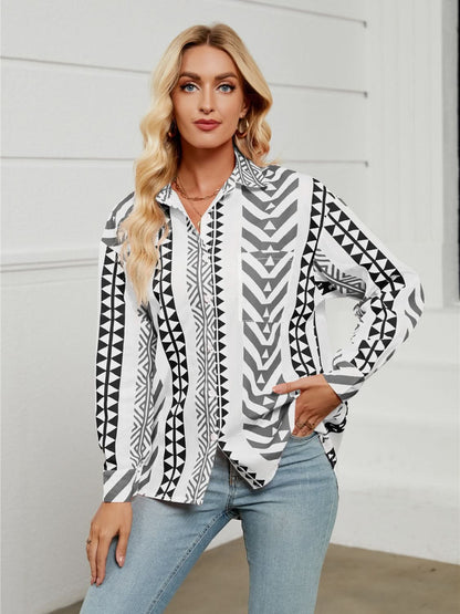 Geometric Collared Long Sleeve Button-Up Shirt