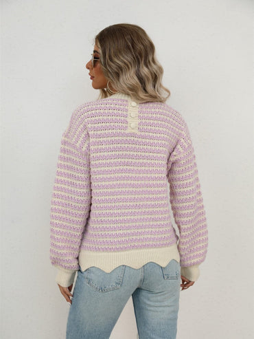 Striped Buttoned Round Neck Sweater.